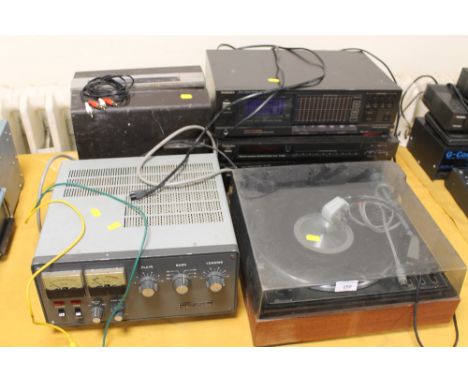 A GARRARD TURNTABLE TOGETHER WITH VARIOUS AUDIO EQUIPMENT, ETC 