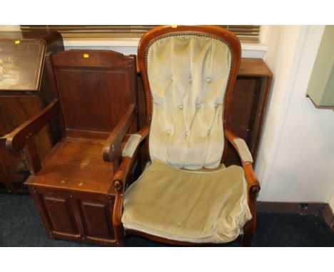 AN OAK COMMODE TOGETHER WITH A BOOKCASE AND AN ARM CHAIR 