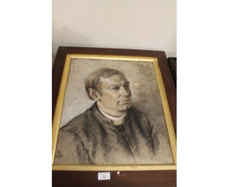 A FRAMED PASTEL PORTRAIT OF A CLERGYMAN, signed to the lower left. Frame size approx 56cm x 65cm A/F