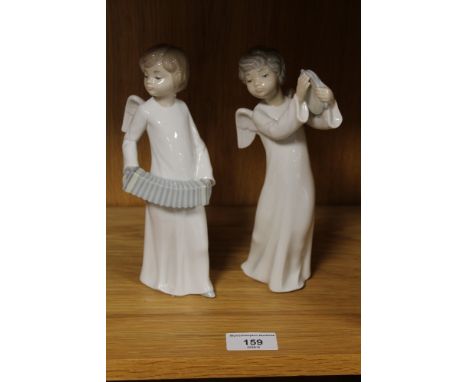 A NAO FIGURE OF AN ANGEL WITH A TAMBOURINE TOGETHER WITH ANOTHER FIGURE OF AN ANGEL 