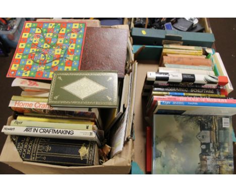 A BOX OF VINTAGE CRAFT BOOKS AND ADVERTISING COOKERY BOOKLETS, TO INCLUDE DRESS MAKING, ETC TOGETHER WITH A VINTAGE JIGSAW AN