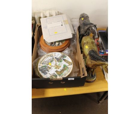 A BOX OF ASSORTED COLLECTORS PLATES TOGETHER WITH TWO CERAMIC HORSES