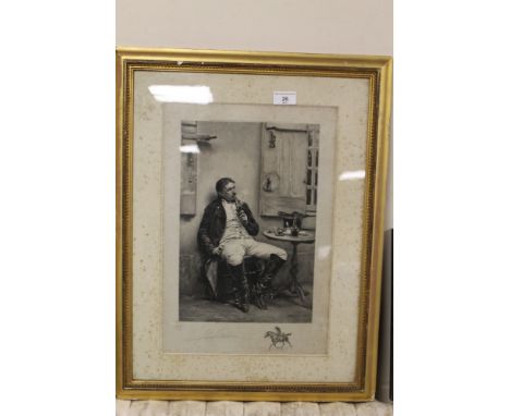 A FRAMED AND GLAZED PORTRAIT ENGRAVING DEPICTING A MAN SMOKING A PIPE, signed in pencil to the lower right. Frame size approx