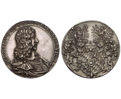 GERMANY. BAVARIA. Ferdinand Maria, 1651-79. Silver Cast Medal, ND (1657). Obv.: Armored bust r. with a coat wrapped around hi