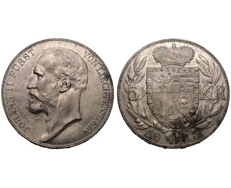 LIECHTENSTEIN. Johann II, 1858-1929. Silver 5 Kronen, 1910. Vienna. Obv.: JOHANN II FÜRST VON LIECHTENSTEIN; Bust portrait of