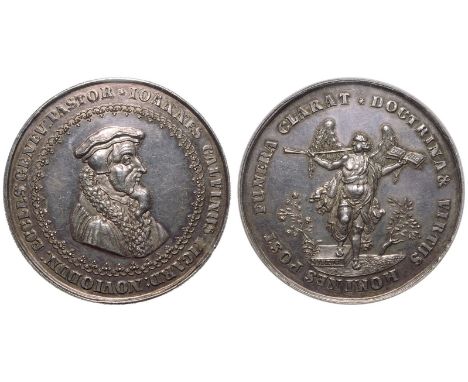 SWITZERLAND. GENEVA. Silver Medal, 1641. By Sebastian Dadler, on the centennial celebration of the Reformation in Geneva.Obv.