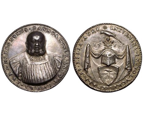GERMANY. CITY OF NUREMBERG. Silver Cast Medal, 1553. Silbergußmedaille. Obv.: HIERONYMVS PAVMGARTNER ANNO [illegible text bel