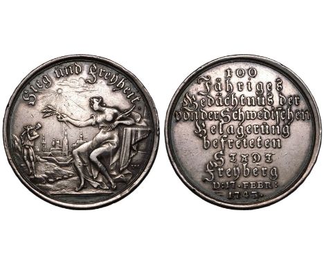 GERMANY. FREIBERG. Silver Medal, 1743. By Chr. S. Wermuth, on the 100th anniversary of the liberation of the city from the si