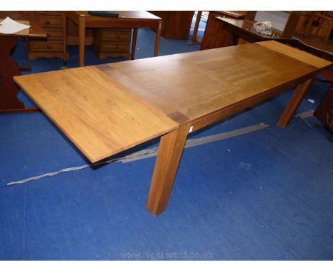 Modern light hard wood removable drawer leaf dining table on four square legs, 126'' long extended (86" minimum) x 31 1/2'' w