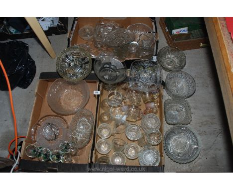 Three boxes of glassware, including trifle bowls, punch bowl and associated cups, vases etc