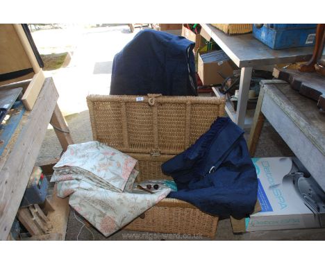 A seagrass blanket chest including; A pair of navy blue cotton and polyester curtains with tie backs (6ft drop x 76" wide) an
