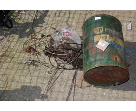 BP oil can and various metal ware etc., (containing BSA winged wheel and other components)