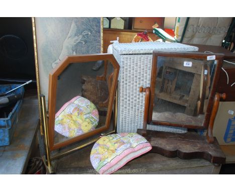 Two swing mirrors, a Lloyd Loom style laundry basket and a print of a dog.