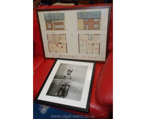 Framed plans for a Dr's house and a framed print.