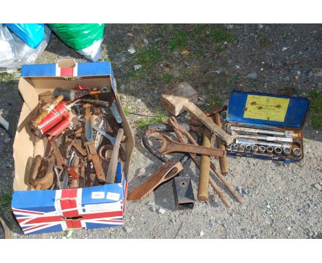 Box of hand tools, hammers, socket set, blacksmiths tongs etc