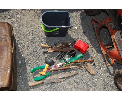 Miscellaneous garden tools, hammer, clippers etc.