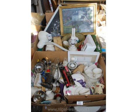 Two boxes of various cups, saucers, table lamps, pictures etc