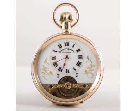 A Hebdomas Patent Swiss 8 day open face pocket watch with visible escapement, the white enamel three quarter dial having a ro