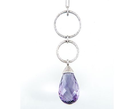 An amethyst and diamond pendant and chain, the multi-faceted amethyst drop, 30mm x 17mm maximum, is held in a diamond  studde