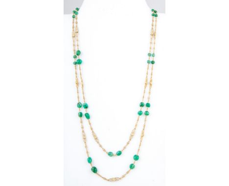 An emerald bead and chain necklace, a yellow metal fancy link necklace spaced by 15mm oval links with a floral motif to centr