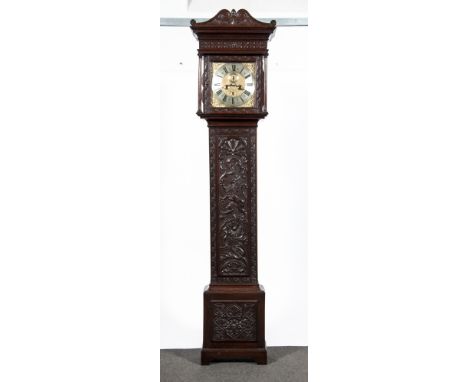 A carved oak longcase clock, square brass dial with subsidiary second dial and date aperture, signed Nathan Haynes, silvered 