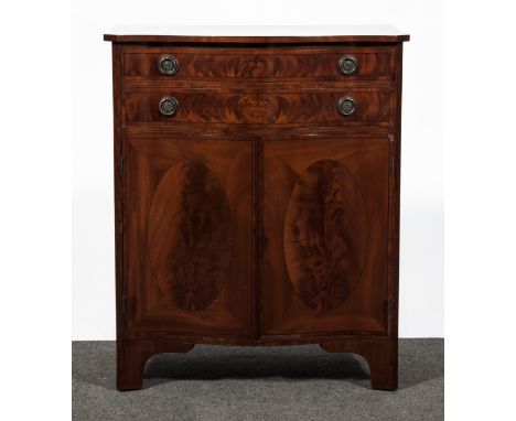 A Hepplewhite style serpentine mahogany chiffonier, lock plate stamped Hobbs & Co London, crossbanding and ebony stringing, f