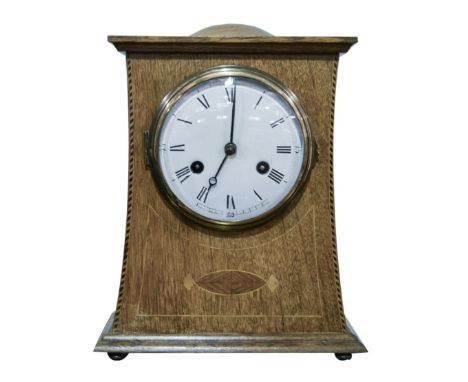 Arts & Crafts oak mantel clock, with chevron banding, stringing and inlay, partly repainted, white enamel dial, movement by P