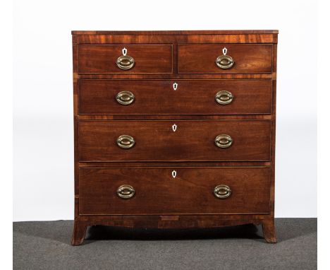A George IV mahogany chest of drawers, fitted with two short and three long drawers, splayed bracket feet, width 96cm, rudime