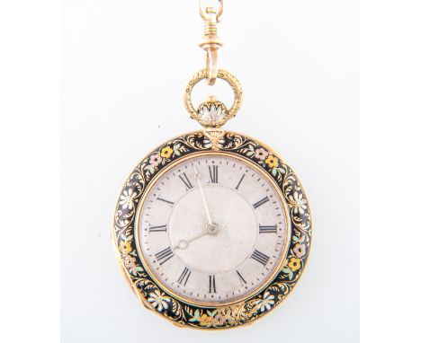 A lady's French pair cased enamelled fob watch and chain, the silvered 24mm dial with roman numeral chapter ring housed in a 
