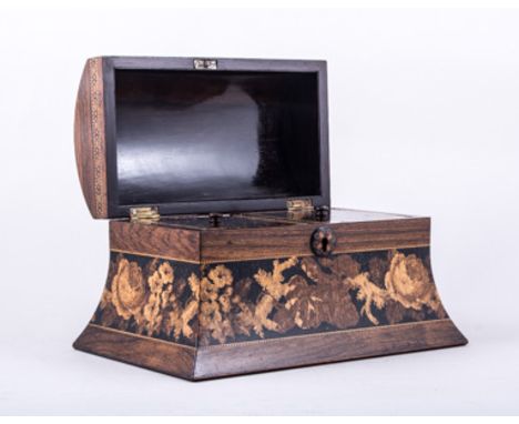 A Victorian rosewood and Tunbridge ware casket shape tea caddy, domed lid decorated with a ruined castle, two section interio