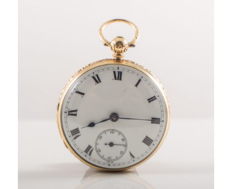 An 18 carat gold open face pocket watch, the white enamel dial having a roman numeral chapter ring and small seconds dial to 