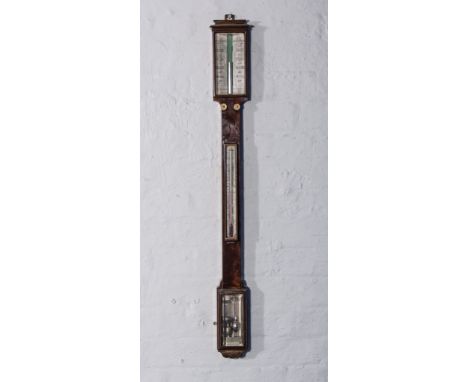 Victorian mahogany stick barometer, 
signed Minoretti, Leicester
ivory scales, glass faced cistern cover, ogee moulded top, 9