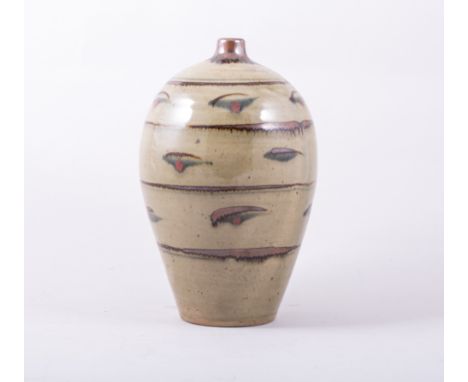 David Leach
A Lowerdown Pottery vase, 
swollen ovoid form, banded with trailed red iron spots, 
artist seal mark, height 22cm
