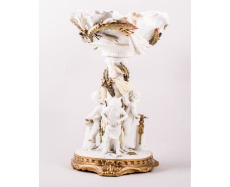 A Staffordshire porcelain ornamental comport, Moore of Longton, circa 1880, shaped bowl encrusted with lilies, the column sur