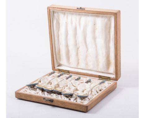 A set of six Imperial Russian silver gilt and cloisonne enamel spoons, indistinct makers mark, probably Moscow 1896-1908, spi