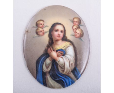 A pair German porcelain plaques, Virgin Annunciate with cherubim and St Joseph with Christ Child, over a print foundation, un