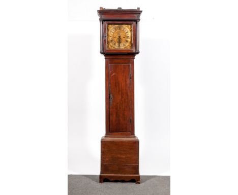 A mahogany longcase clock, square brass dial signed R Hampton, Warrington, with subsidiary date dial, cast rococo spandrels, 