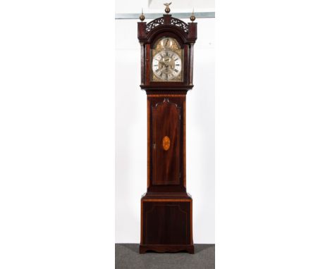 A mahogany and satinwood longcase clock, arched brass dial, with subsidiary second dial and date aperture, signed Ar Kennedy 