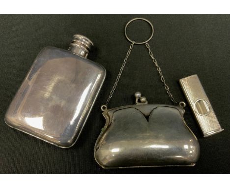 Silver coin purse, cigar cutter, EDNS hip flask (3) 