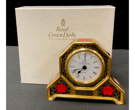 A Royal Crown Derby 1128 pattern mantel clock, boxed. 