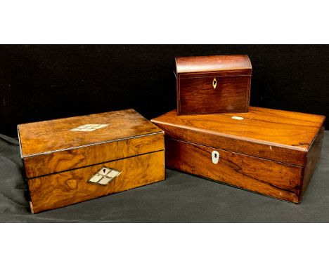 Boxes and objects - a George III dome top tea caddy, 14cm high, walnut and mother of pearl sewing box, 27cm wide, rosewood wr