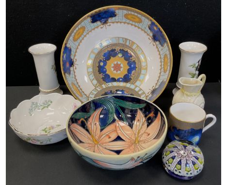 A Moorcroft Philip Gibson Pink Damask pattern bowl, 16.4cm diameter;  Royal Worcester Millennium bowl, coffee can and saucer,