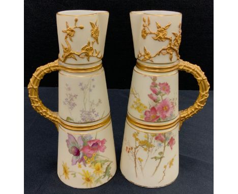 A pair of Royal Worcester plush ivory three tier jugs, hand painted floral decoration, texture gilt handle,21cm high, c. 1890