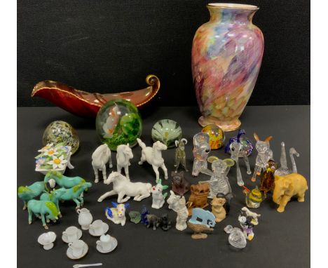 Ceramics &amp; Glass - A Carltonware Rouge Royale leaf dish;  miniature animals, glass dolls tea set, five glass paperweights