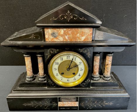 A Belge Noir architectural mantel clock, Presented To R Roose, By His Fellow Keepers, Chatsworth House, April 21st, 1914, 36c