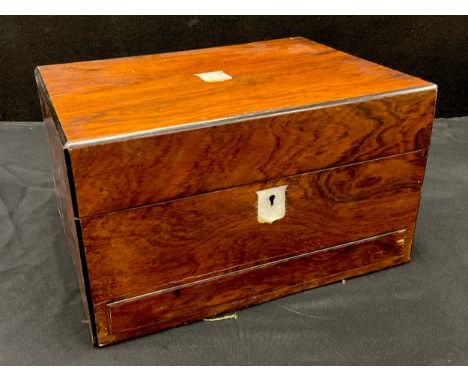 A Victorian Coromandel rosewood traveling vanity box, hinged lid, velvet lined, fitted interior, silver plated scent bottles,