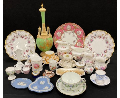 Royal Crown Derby including; a pair of Royal Antoinette pattern plates,21cm dia, pink and gilt border plate, printed marks, D