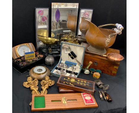 Boxes and objects- Macintosh style panel mirrors, 49cm, 42cm, a set of cast iron scales, Victorian work box, a pair of cloiss