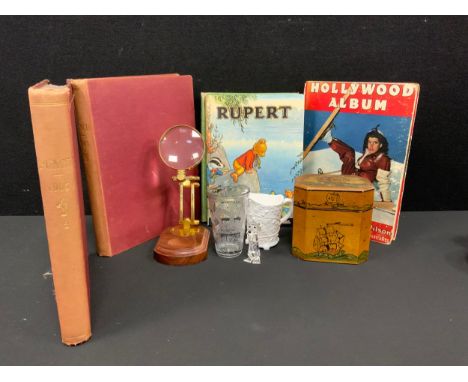 Boxes &amp; Objects - painted and pokerwork tea caddy, Desk magnifying glass, Pressed glass beaker, Swarovski dog, Punch Vols