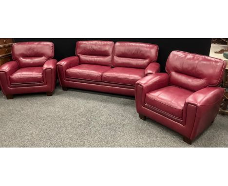 An ‘Italia Lucca’ type model red leather three seat sofa, and matching pair of armchairs - the sofa 92cm high (46cm to seat) 